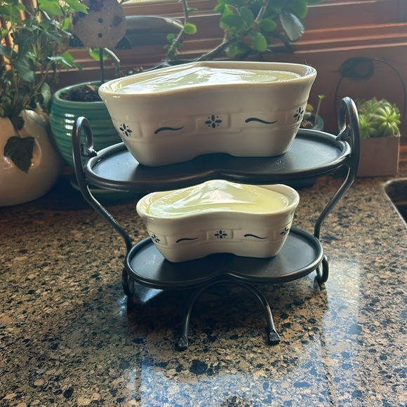 2 Longaberger Pottery Woven Traditions Heart Candles & Ramekins w/ Metal Stand - Picture 6 of 14